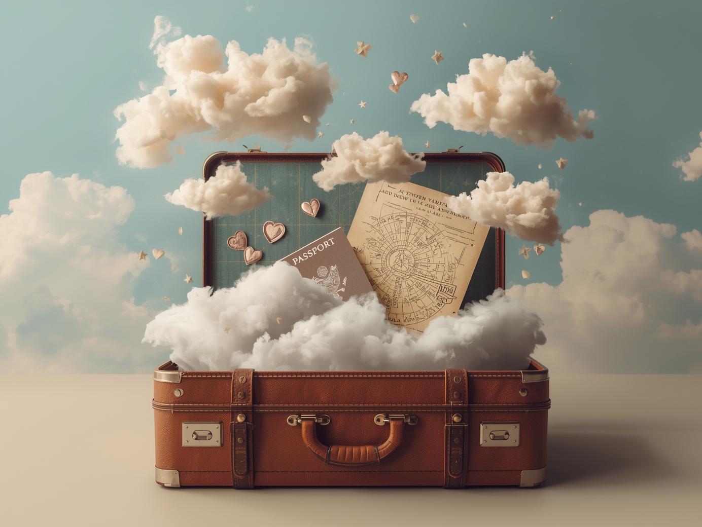 Marca_ Malas e Sonhos_Conceito_ Uma mala estilizada com elementos flutuando — mapa, passaporte, nuvens, estrelas e corações — representando os sonhos que cada viagem carrega..jpg